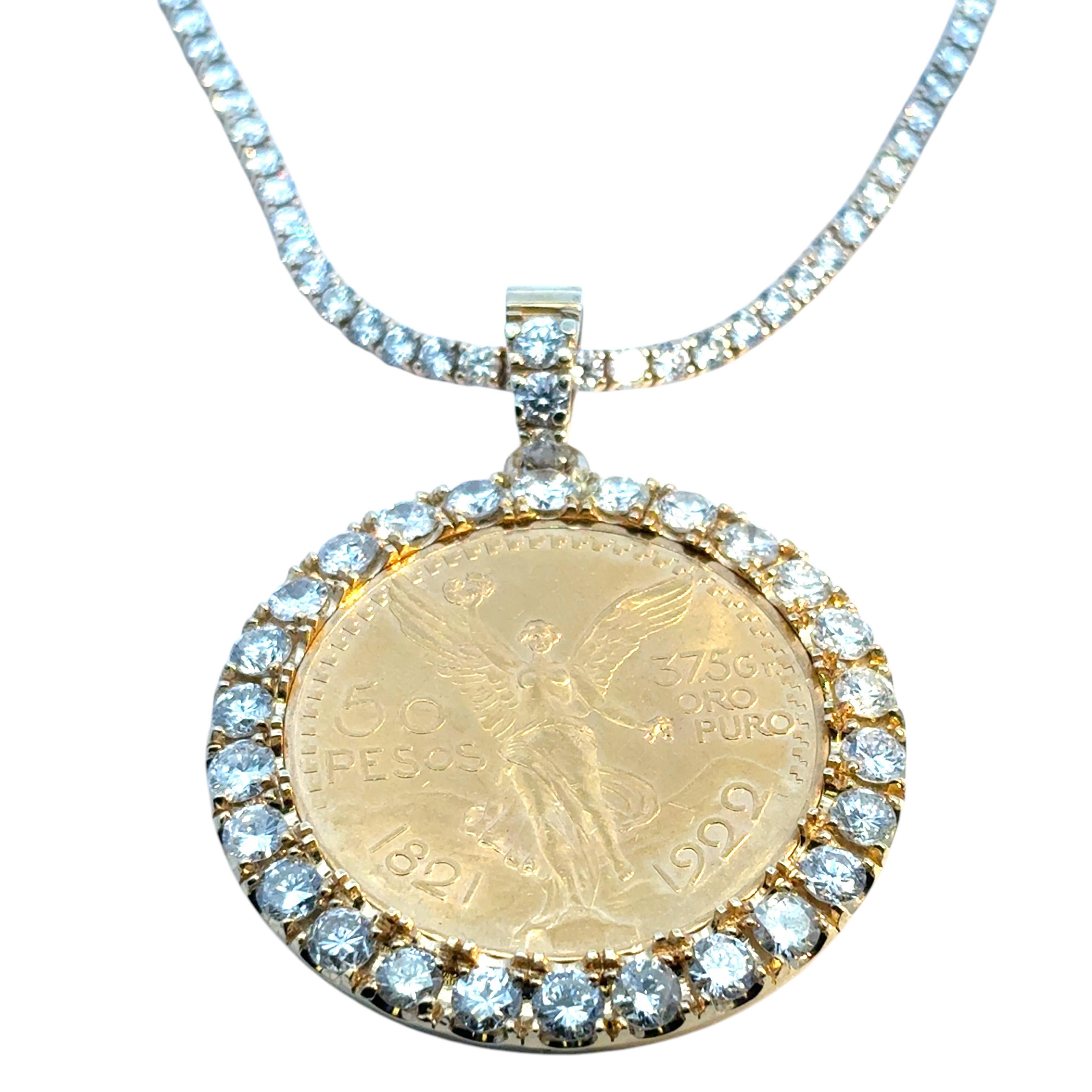 18k Gold Diamond Bezel Pendant 1922 50 Peso 24k Gold Coin on a Tennis Necklace For Sale 8