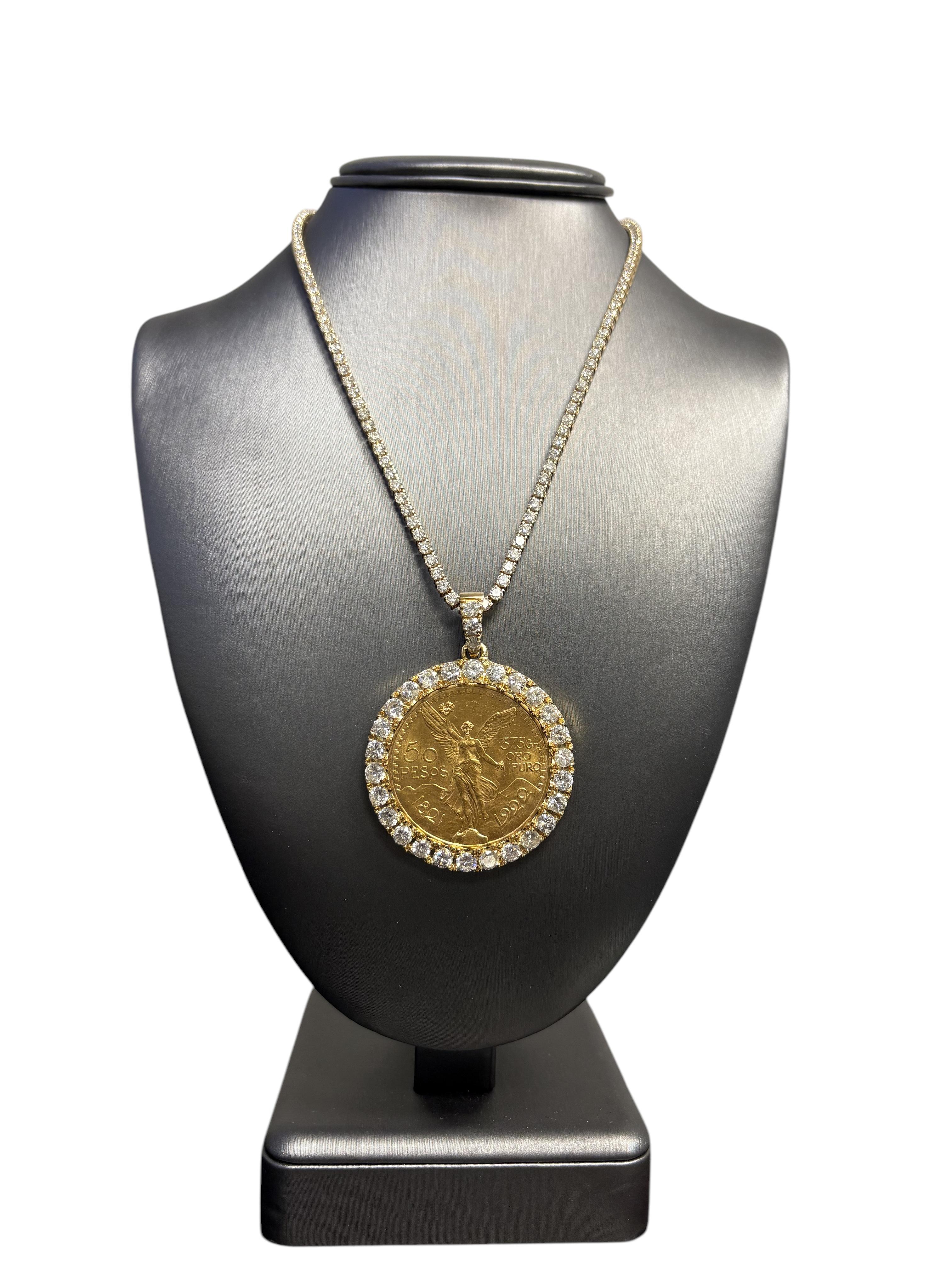 18k Yellow Gold Diamond Bezel Pendant with 1922 50 Peso 24k Gold Coin on a 14k Yellow Gold Tennis Necklace

This stunning Gold Peso Coin Necklace is in excellent condition and is ready to ship!

Coin: 1922 50 Peso Mexican Gold Coin
Material: 18K