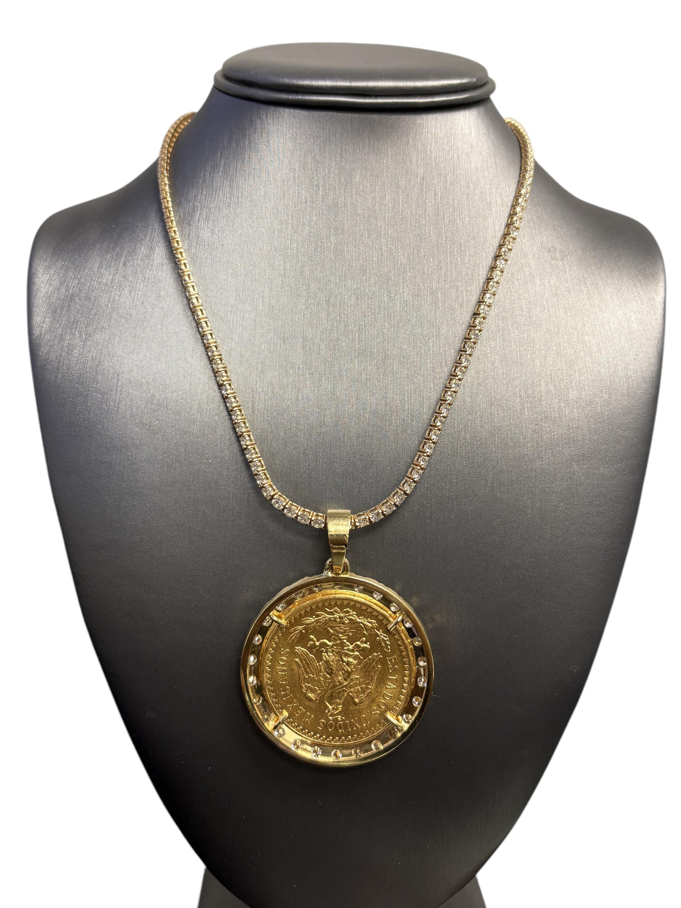 Round Cut 18k Gold Diamond Bezel Pendant 1922 50 Peso 24k Gold Coin on a Tennis Necklace For Sale