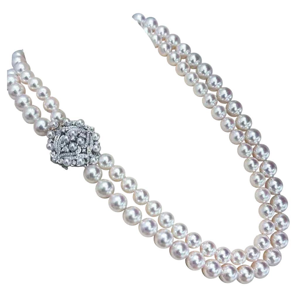 【Crown Radiance】Collar de doble vuelta de perlas Akoya Cierre de medallón de diamantes