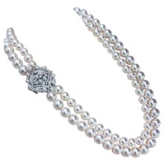 【Crown Radiance】Akoya Pearl Double-Strand Necklace Diamond Medallion Clasp