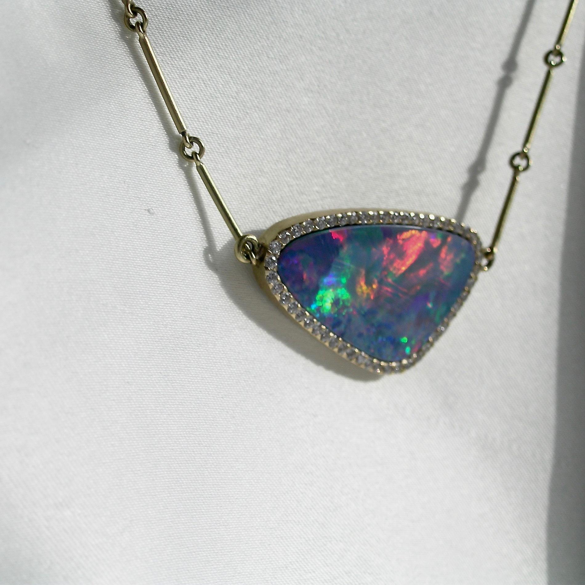 Modern 18 Karat Gold, Diamond and Boulder Opal Necklace