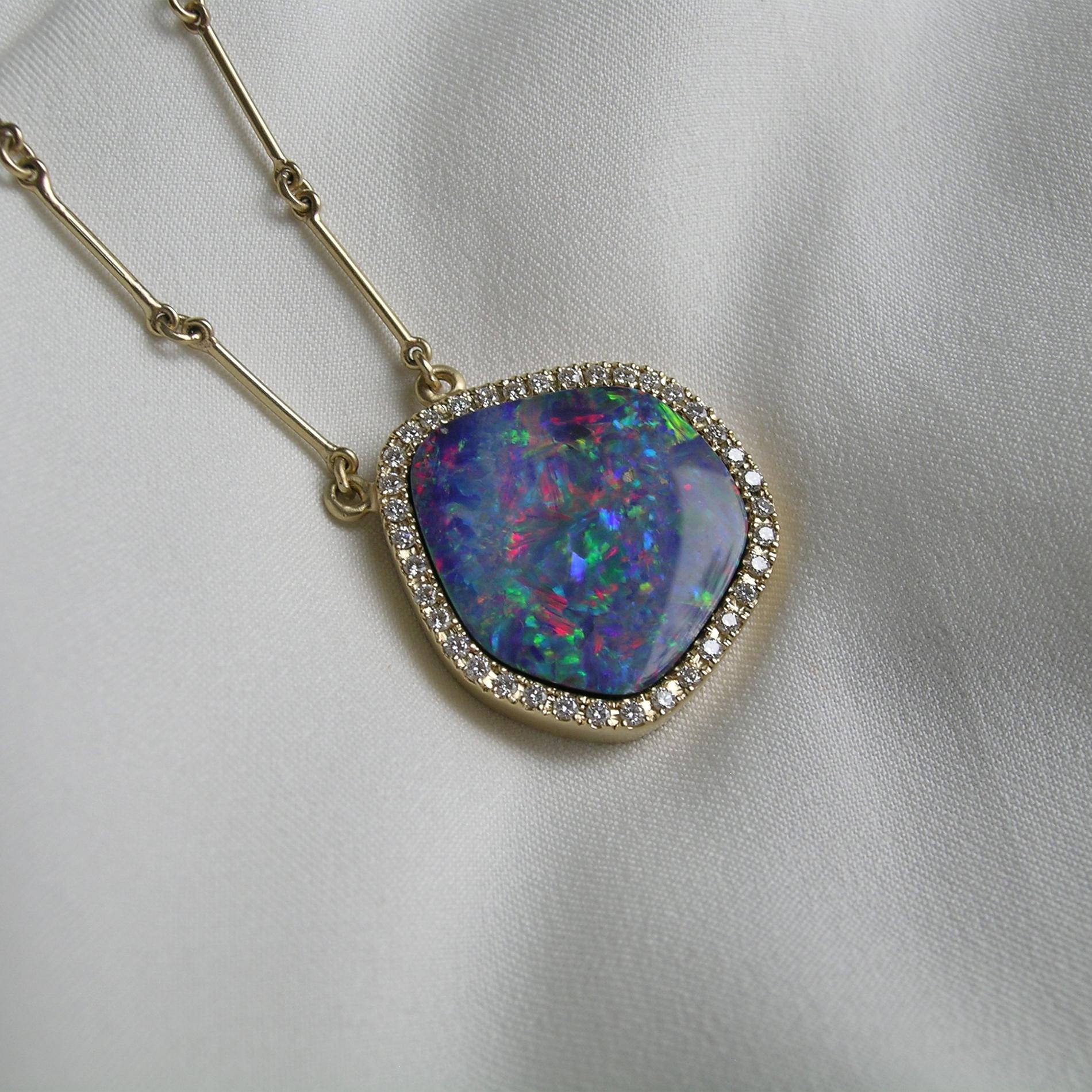 Brilliant Cut 18k Gold, Diamond & Boulder Opal Pendant Necklace For Sale