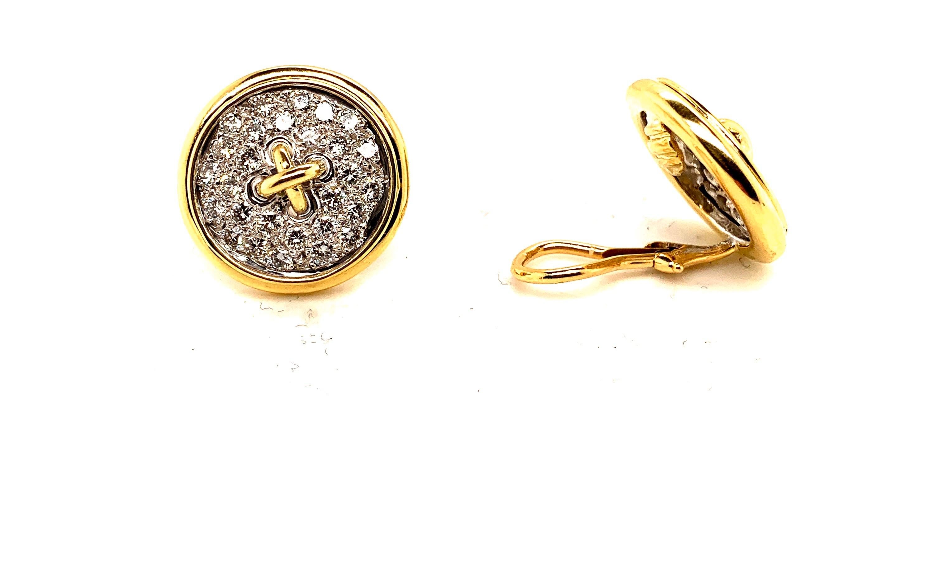 Round Cut 18 Karat Gold Diamond Button Motif Earrings For Sale