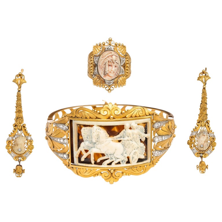 18K Gold Diamond Carved Neoclassical Cameo Bracelet Ring and Earrings Set For Sale