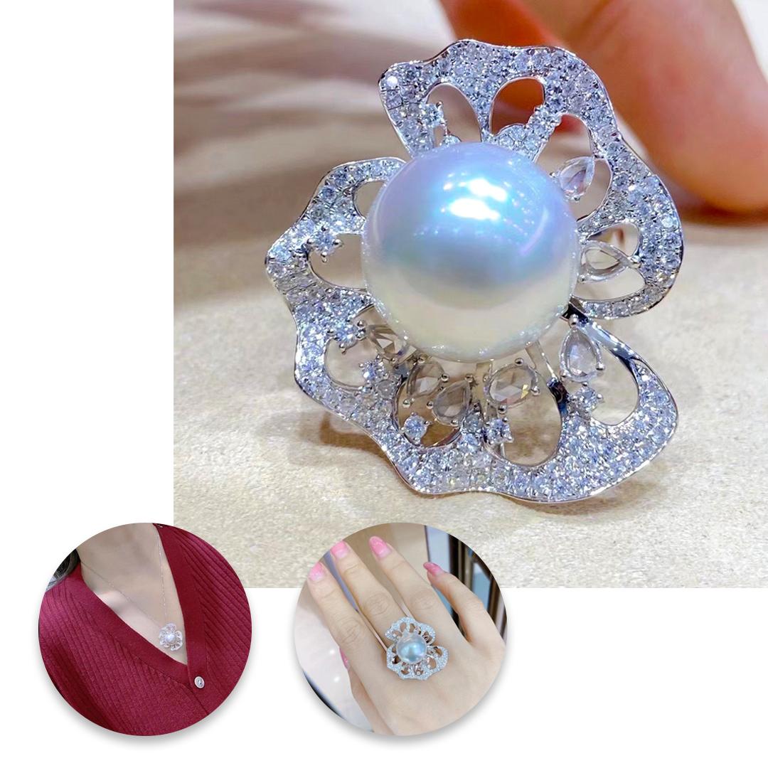 Grezzo 【Vine Symphony】Convertible Blooming Aurora South Sea Pearl Diamond Ring Pendant in vendita