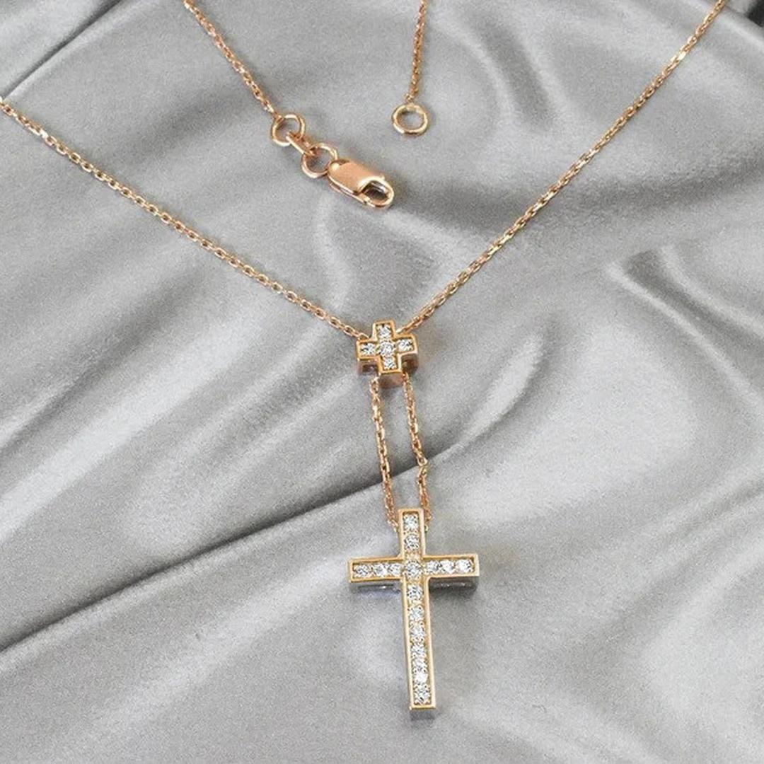 Gothic Revival 18k Gold Diamond Cross Necklace Lariat Diamond Cross Necklace For Sale