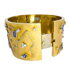18k Gold Diamond Cuff Bracelet Sapphire Wide Gold Bangle