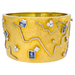 18k Gold Diamond Cuff Bracelet Sapphire Wide Gold Bangle