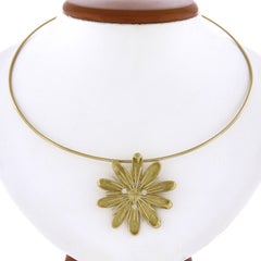 18k Gold Diamond Dual Finish Flower Slide Brooch Pendant Wire Collier Necklace