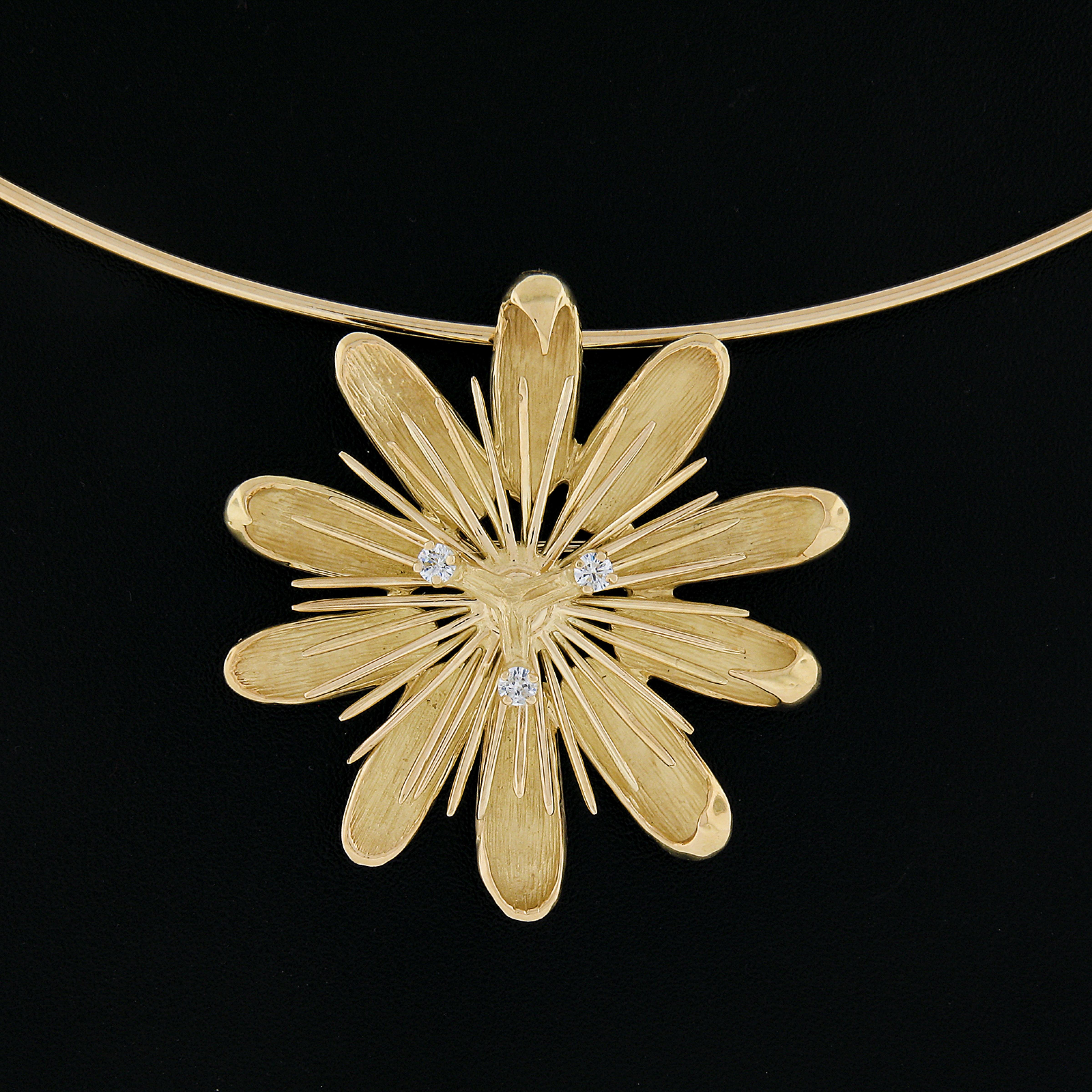 Women's 18k Gold Diamond Dual Finish Flower Slide Brooch Pendant Wire Collier Necklace For Sale
