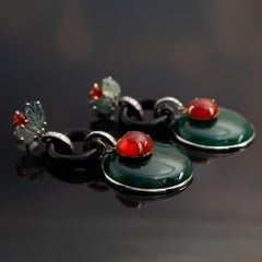 18K Gold Diamond Earrings with Emeralds, Chrysoprase, Cornaline & Onyx