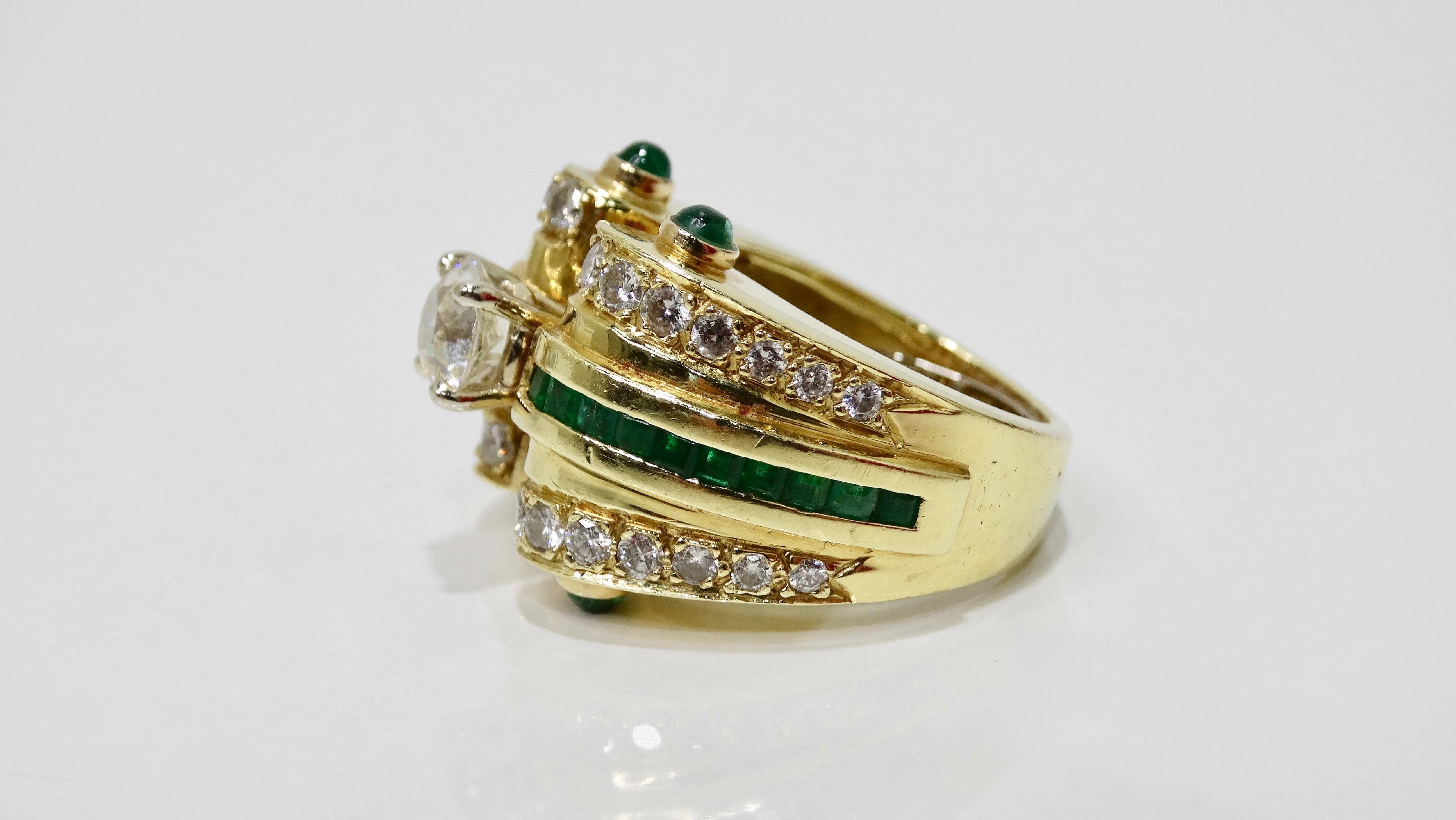 Baguette Cut Diamond & Emerald 1930s Cocktail Ring 18k Gold