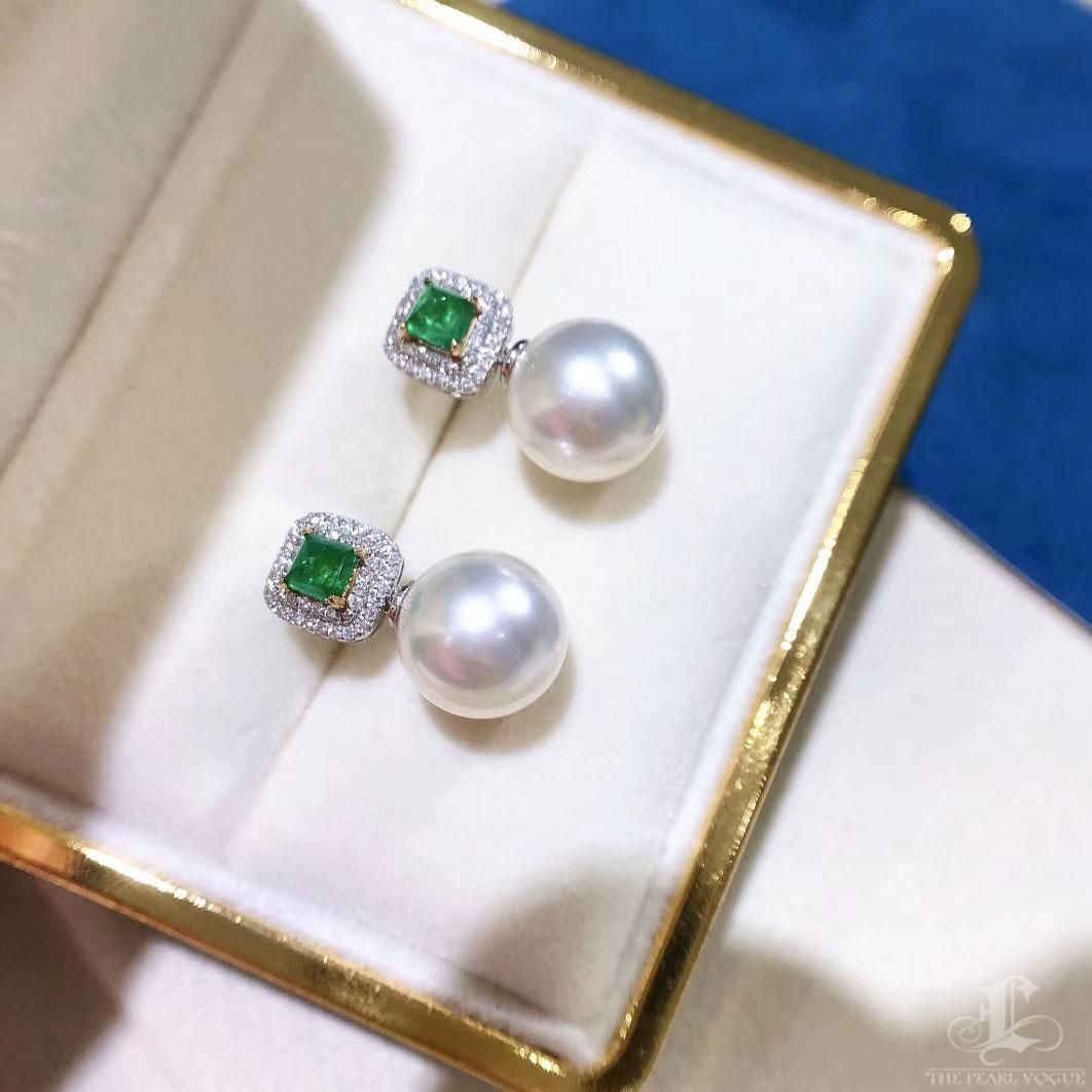 Women's 【Crown Radiance】Emerald Crown Aurora South Sea Pearl Diamonds Earrings For Sale