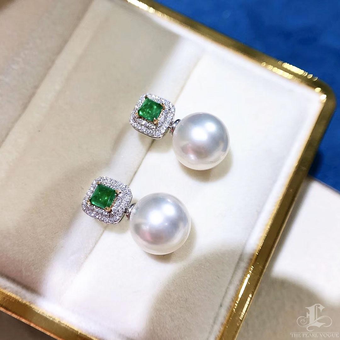 【Crown Radiance】Emerald Crown Aurora South Sea Pearl Diamonds Earrings For Sale 3