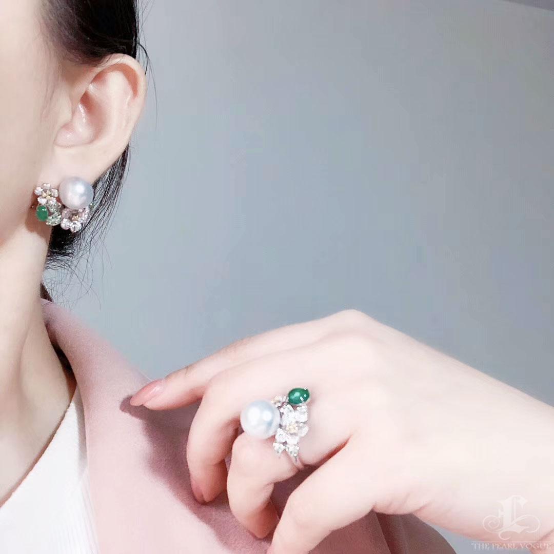 Uncut 【Vine Symphony】Garden Bloom Aurora South Sea Pearl Emerald Diamond Earrings For Sale