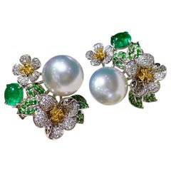 Vine Symphony】Garden Bloom Aurora Südsee Perle Smaragd Diamant Ohrringe