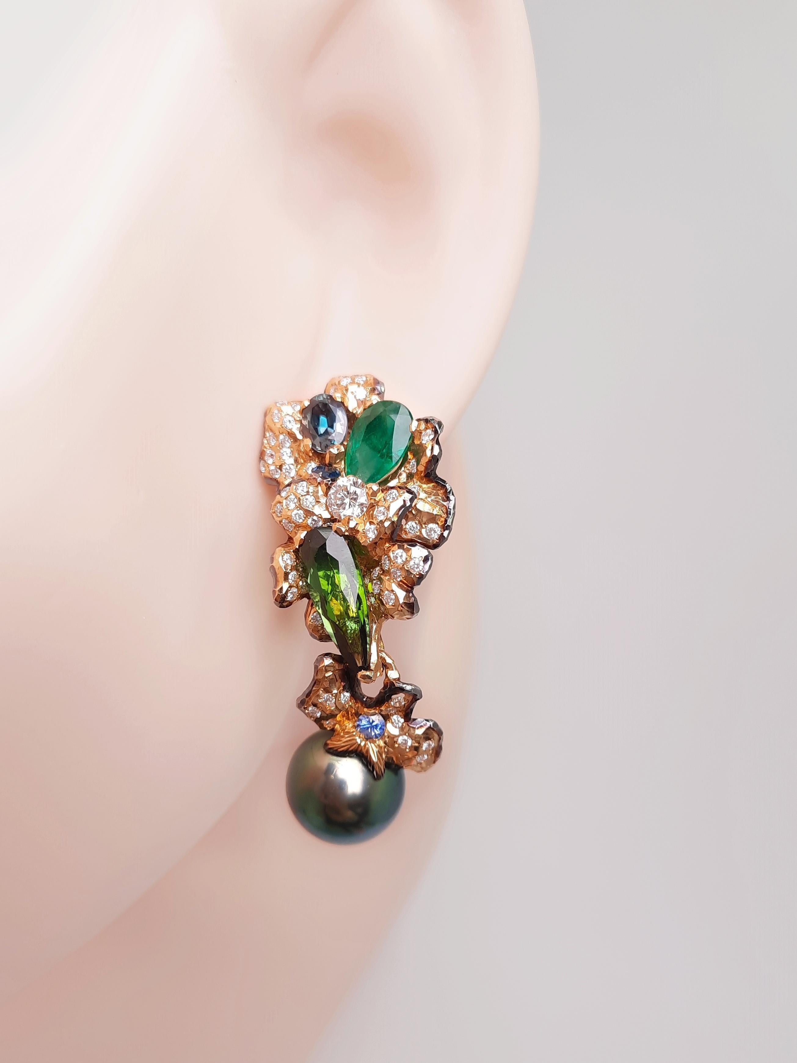 Contemporary 18K Gold Diamond Emerald Alexandrite Tahiti pearl Cocktail Earrings, Moiseikin For Sale