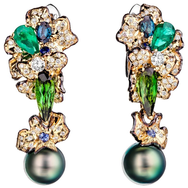 18K Gold Diamond Emerald Alexandrite Tahiti pearl Cocktail Earrings, Moiseikin For Sale