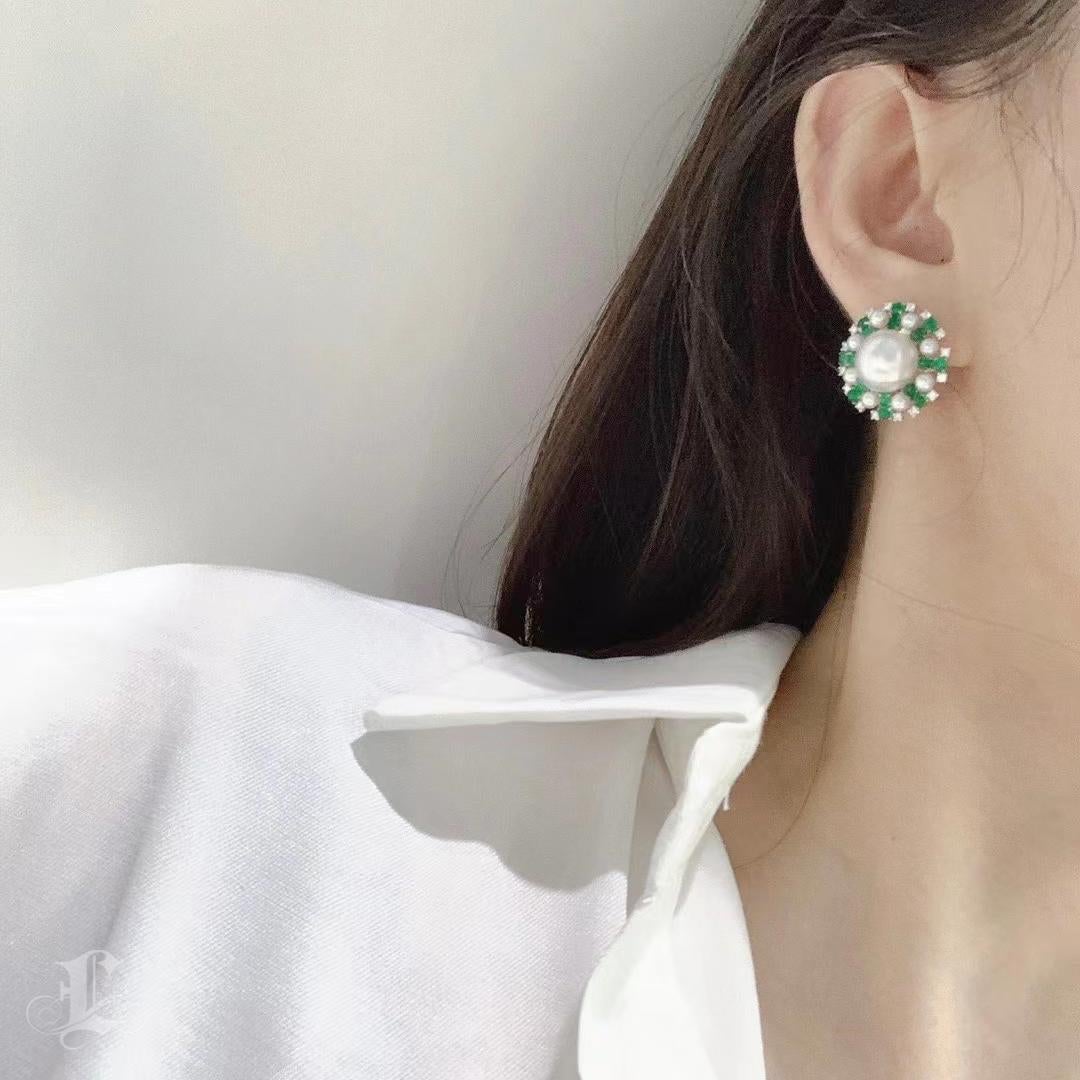 Uncut 【Jādora】Emerald Halo Aurora South Sea Pearl Diamond Statement Earrings For Sale