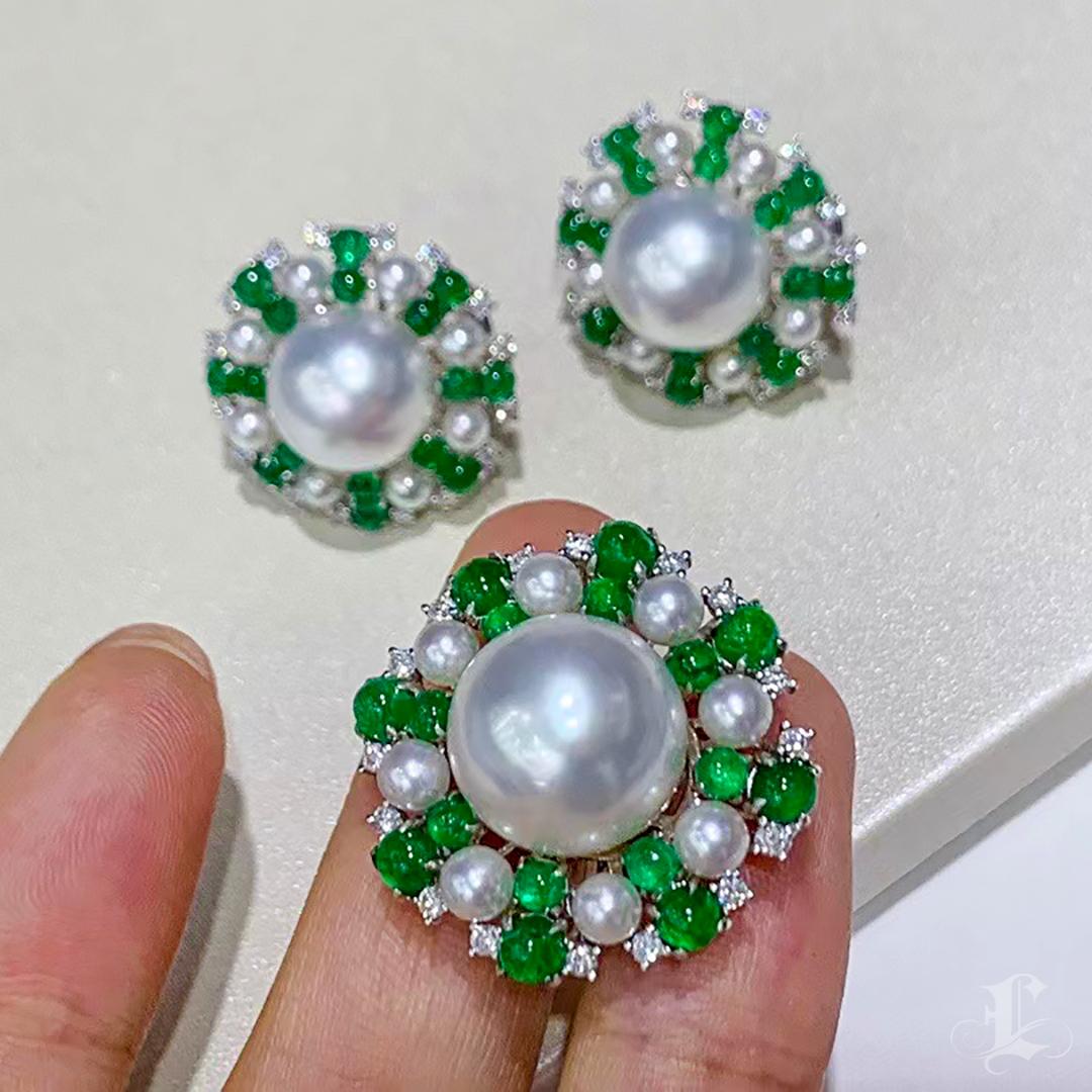 【Jādora】Emerald Halo Aurora South Sea Pearl Diamond Statement Earrings For Sale 2