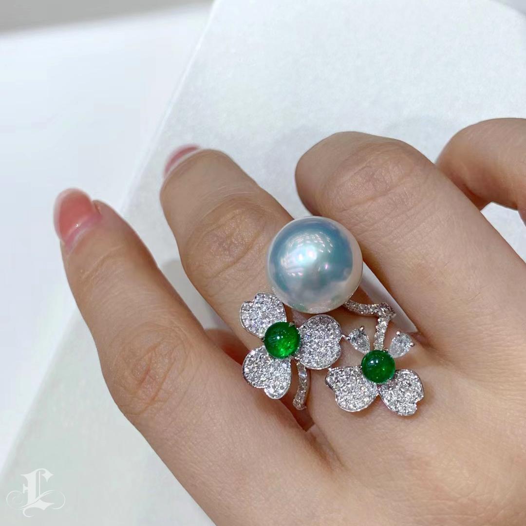 Uncut 【Vine Symphony】Blooming Duo Emerald Aurora South Sea Pearl Ring For Sale