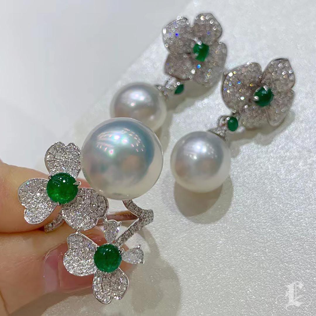 Women's 【Vine Symphony】Blooming Duo Emerald Aurora South Sea Pearl Ring For Sale
