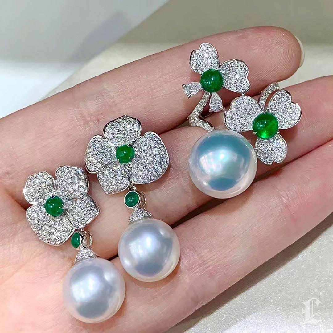 【Vine Symphony】Blooming Duo Emerald Aurora South Sea Pearl Ring For Sale 1