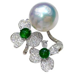 【Vine Symphony】Blooming Duo Emerald Aurora South Sea Pearl Ring
