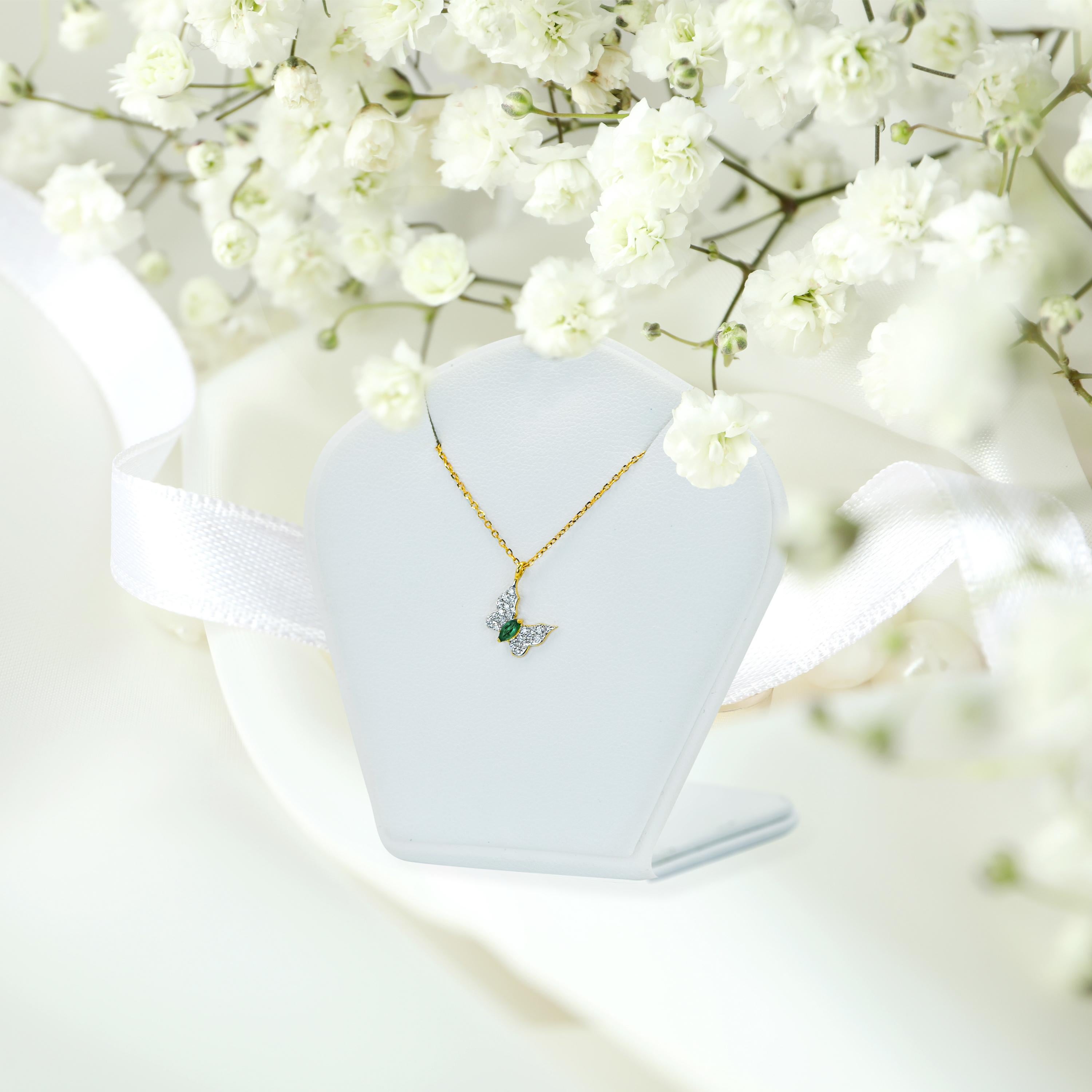 Modern 18k Gold Diamond Emerald Butterfly Necklace For Sale