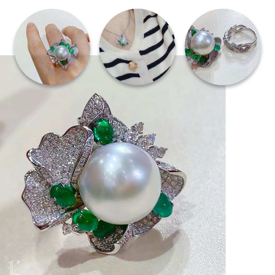 Uncut 【Crown Radiance】Convertible Emerald & South Sea Pearl Statement Ring Pendant For Sale