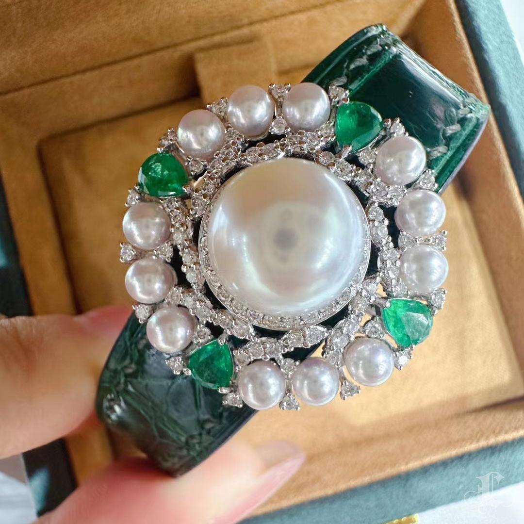 De las mujeres 【Corona Resplandor】Convertible Oasis Perla del Mar del Sur Diamante Esmeralda Cuero Jwl. en venta