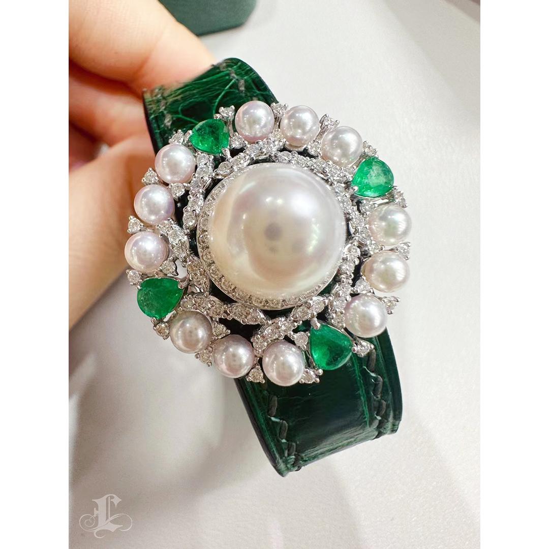 【Corona Resplandor】Convertible Oasis Perla del Mar del Sur Diamante Esmeralda Cuero Jwl. en venta 4