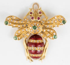 18 Karat Gold Diamond Emerald Ruby Bee Pin Brooch Pendant