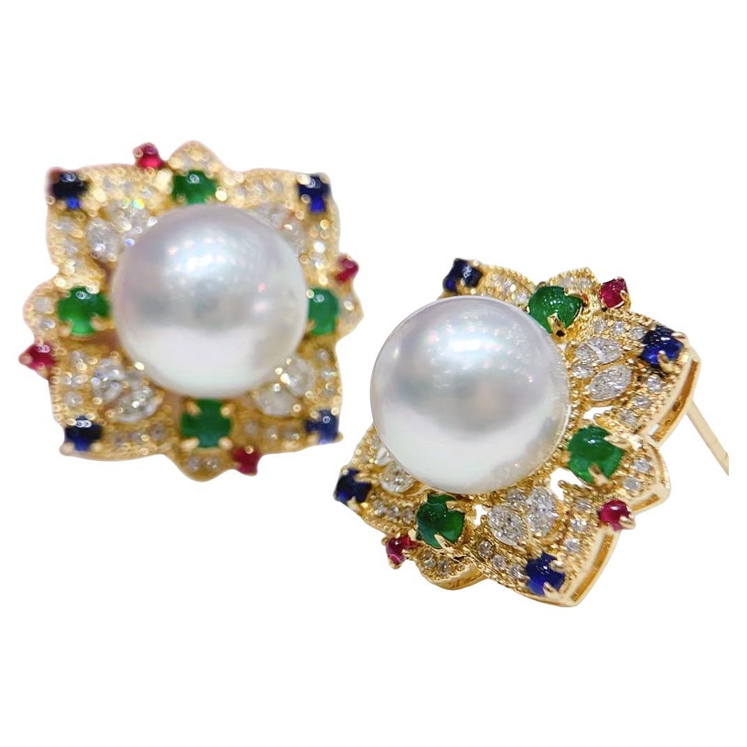 【Crown Radiance】Celestial Bloom Aurora South Sea Pearl Multigem Earrings