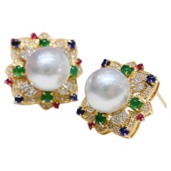 Crown Radiance】Celestial Bloom Aurora Südsee Perlen Multigem-Ohrringe