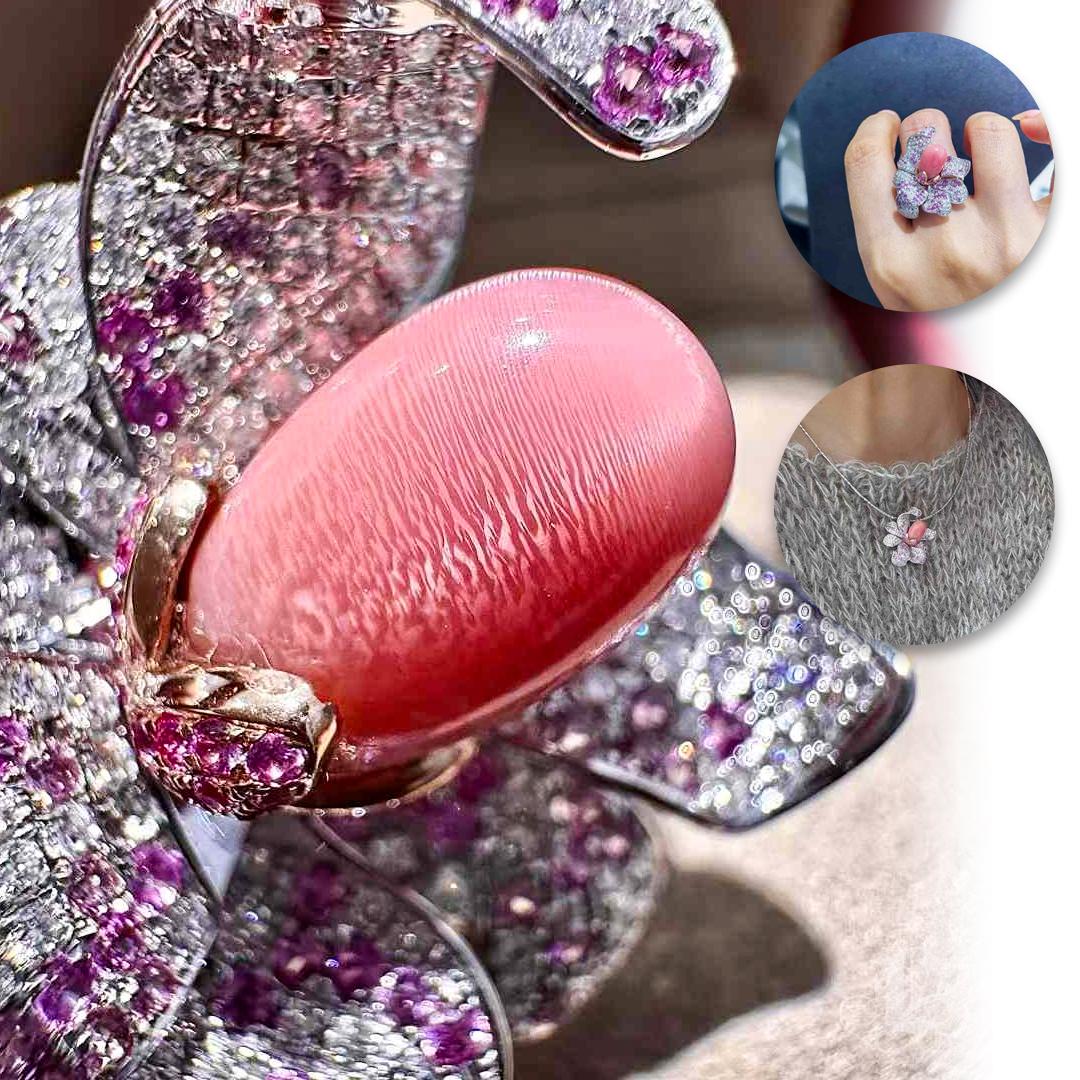 A poetic celebration of nature’s rarest beauty, this one-of-a-kind jewel centers around a 5.2ct natural Flamingo Pink conch pearl—a gem celebrated for its vivid color and swirling flame pattern. Elegantly poised atop an orchid blossom paved in white