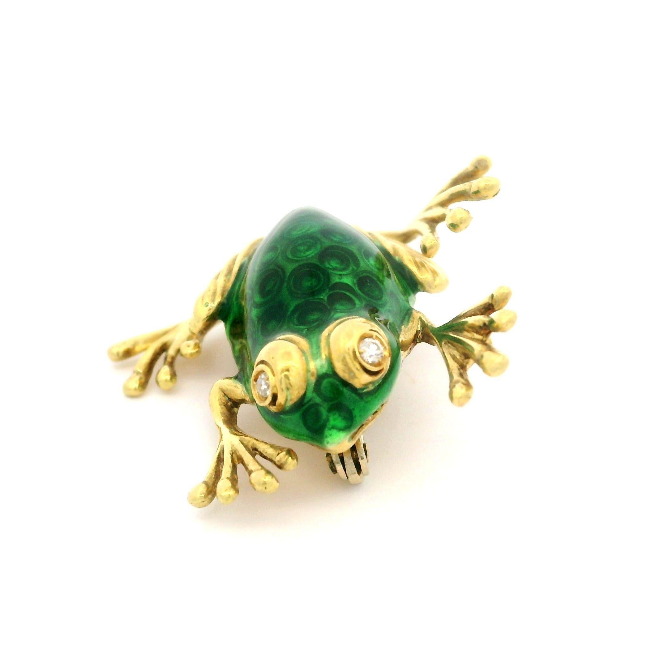 18k Gold Diamond Eyes Guilloche Green Enamel & Circle Work Frog Pin Brooch For Sale 5