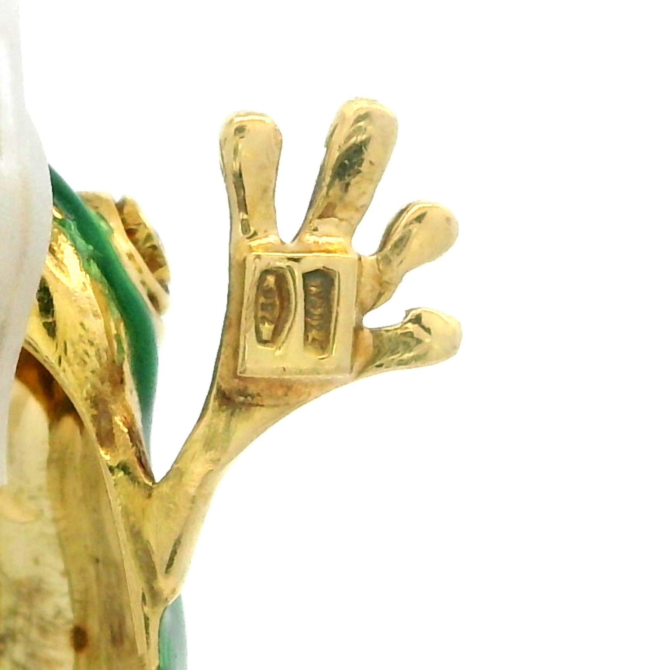 --Stone(s):--
(2) Natural Genuine Diamonds - Round Brilliant Cut - Bezel Set Pave Style- Very Nice White Color

Material: Solid 18k Yellow Gold w/ White Gold Pin & Guilloche Green Enamel Work
Total Weight: 6.45 Grams
Overall Width: 25.4mm (1