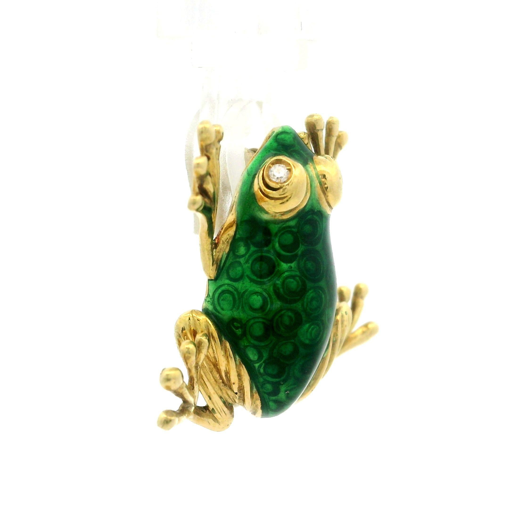 18k Gold Diamond Eyes Guilloche Green Enamel & Circle Work Frog Pin Brooch For Sale 1