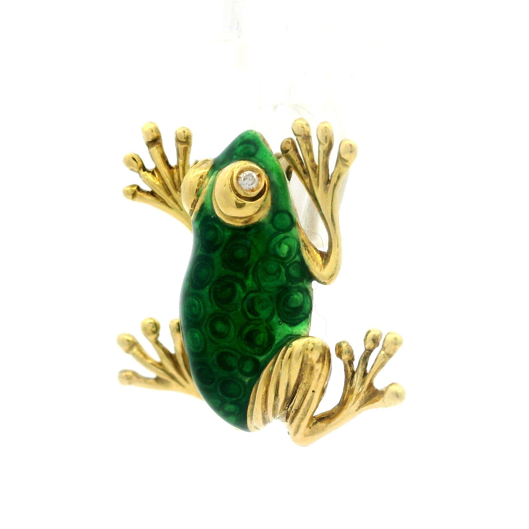 18k Gold Diamond Eyes Guilloche Green Enamel & Circle Work Frog Pin Brooch For Sale 2