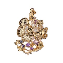 18K Gold Diamond Fancy Sapphire Keshi Pearl Handmade Brooch Pendant