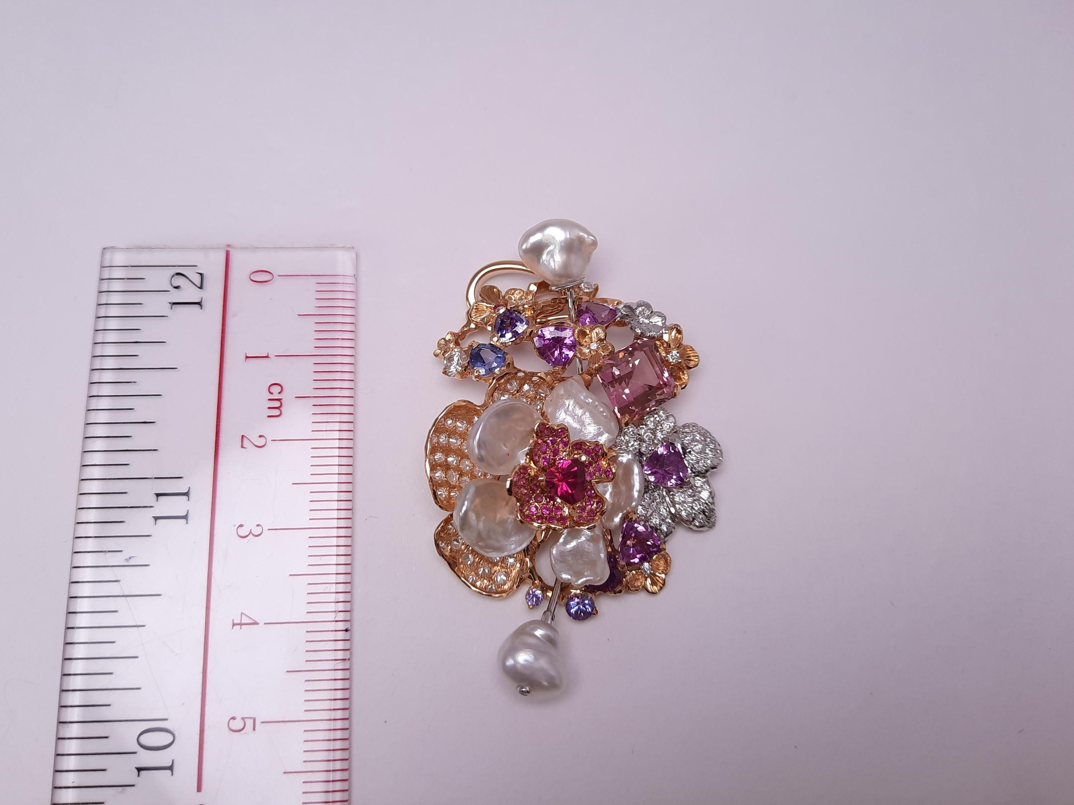 Contemporary 18K Gold Diamond Fancy Sapphire Keshi Pearl Handmade Brooch Pendant