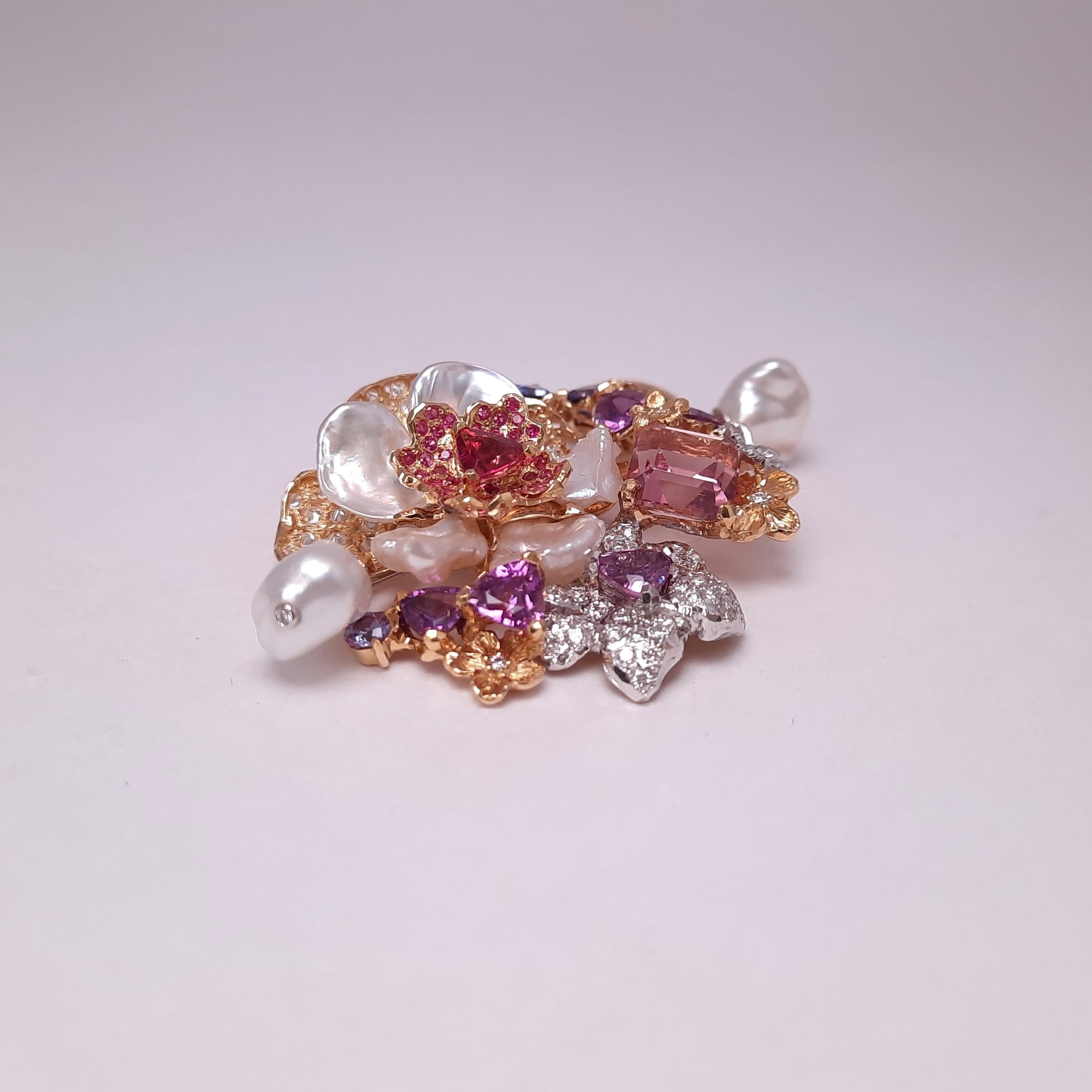 18K Gold Diamond Fancy Sapphire Keshi Pearl Handmade Brooch Pendant 1