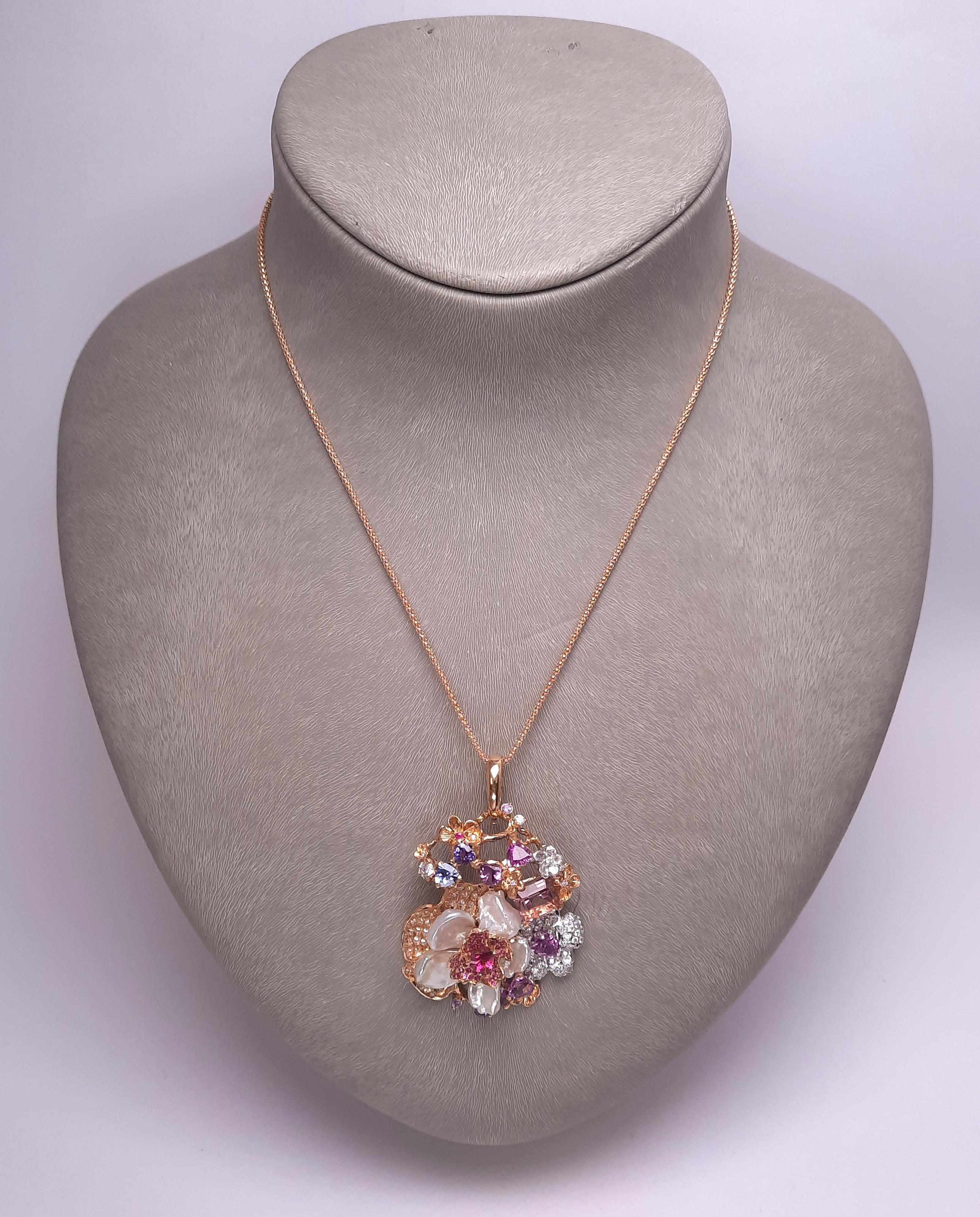 18K Gold Diamond Fancy Sapphire Keshi Pearl Handmade Brooch Pendant 2