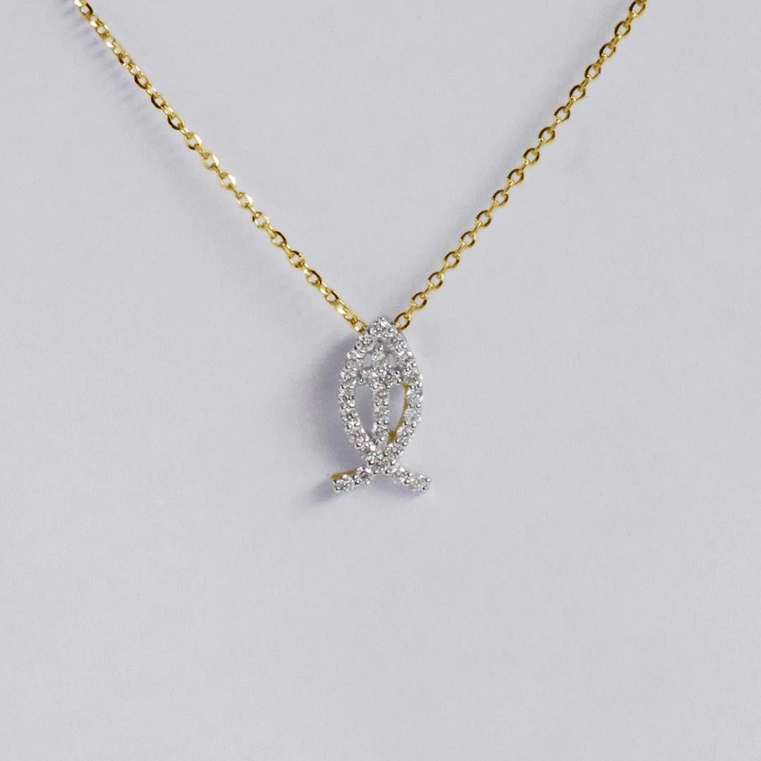 18 Karat Gold Diamant-Halskette mit Fischkreuz-Halskette, religiöse Halskette (Moderne) im Angebot