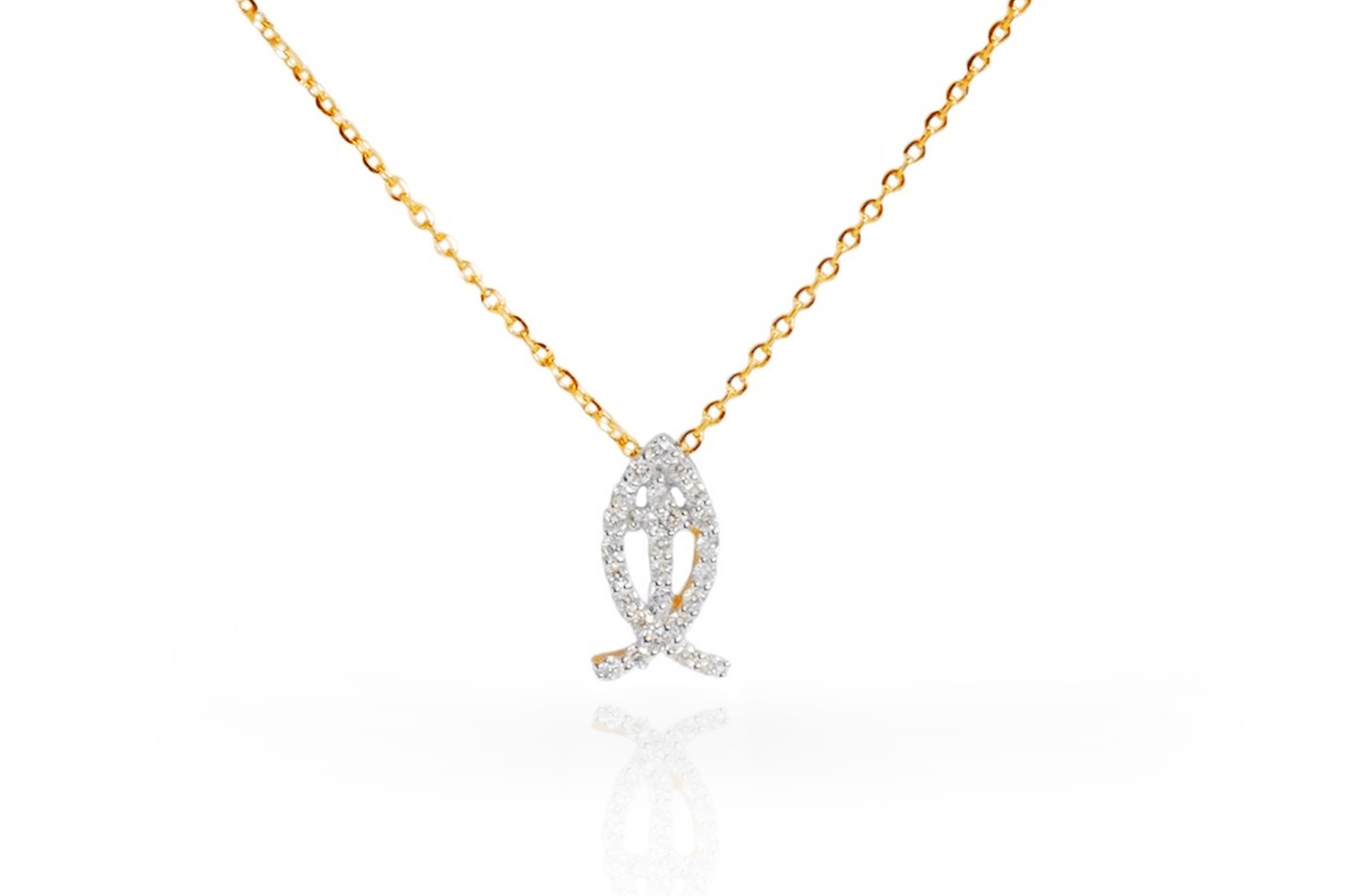 Collana con croce di pesce in oro 18k con diamanti Collana cristiana Collana religiosa in vendita