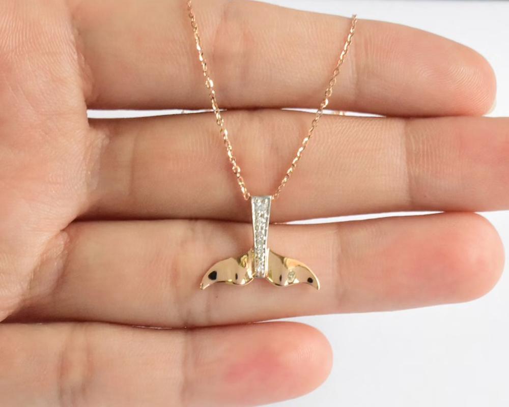 Women's or Men's 18k Gold Diamond Fish Tail Necklace Whale Tail Pendant Mermaid Tail Pendant For Sale