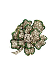 18K Gold Diamond & Green Enamel Clover Brooch