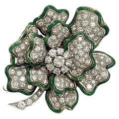 18K Gold Diamond & Green Enamel Clover Brooch